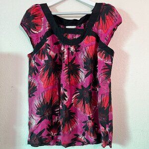 Classiques Entier Womens Floral Print Cap Sleeve Silk Blouse Top XL Pink Black